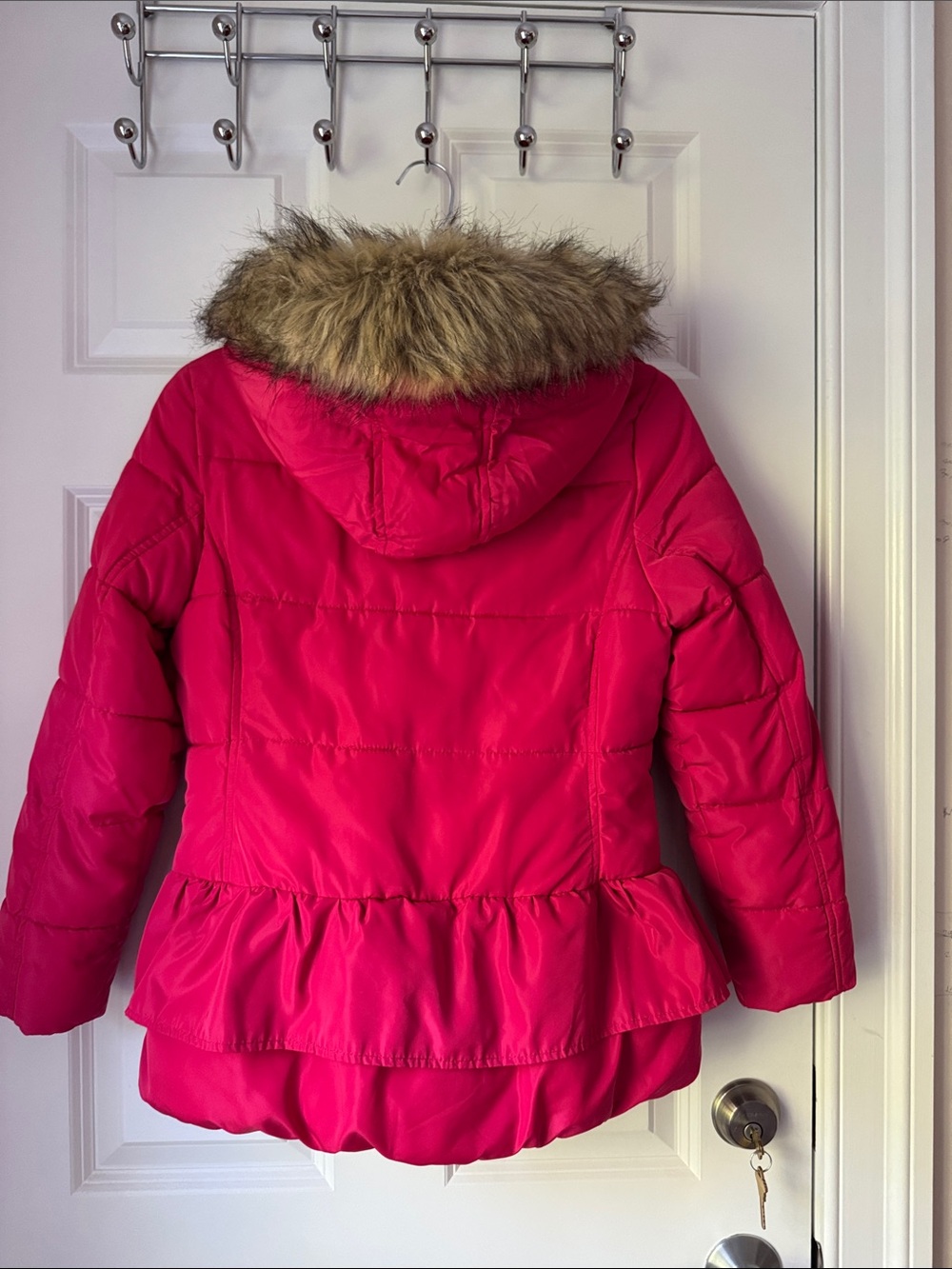 Girls' Hot Pink Puffer Coat with Peplum Hem and removal hood
